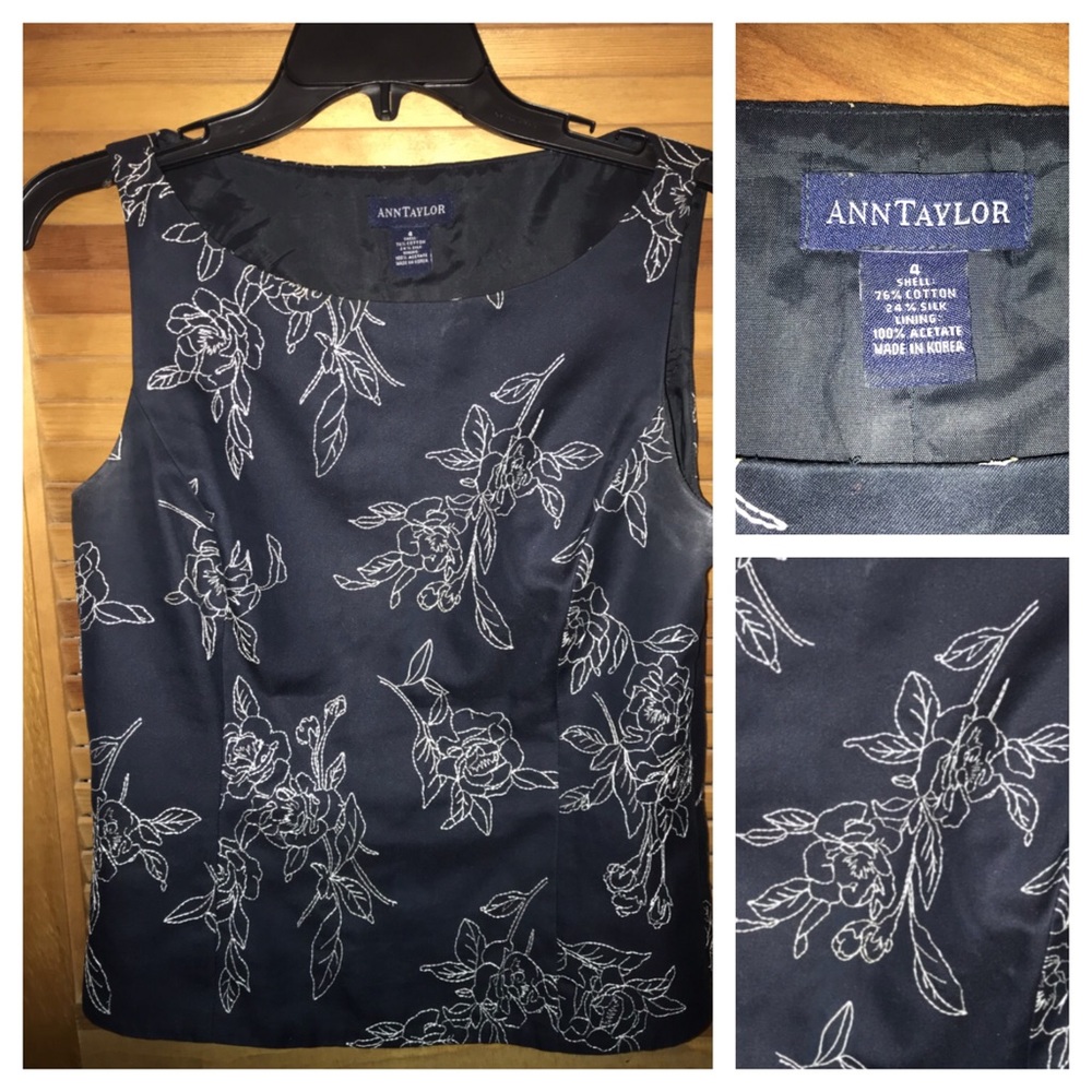 Ann Taylor Navy Blue with White Flowers Shell